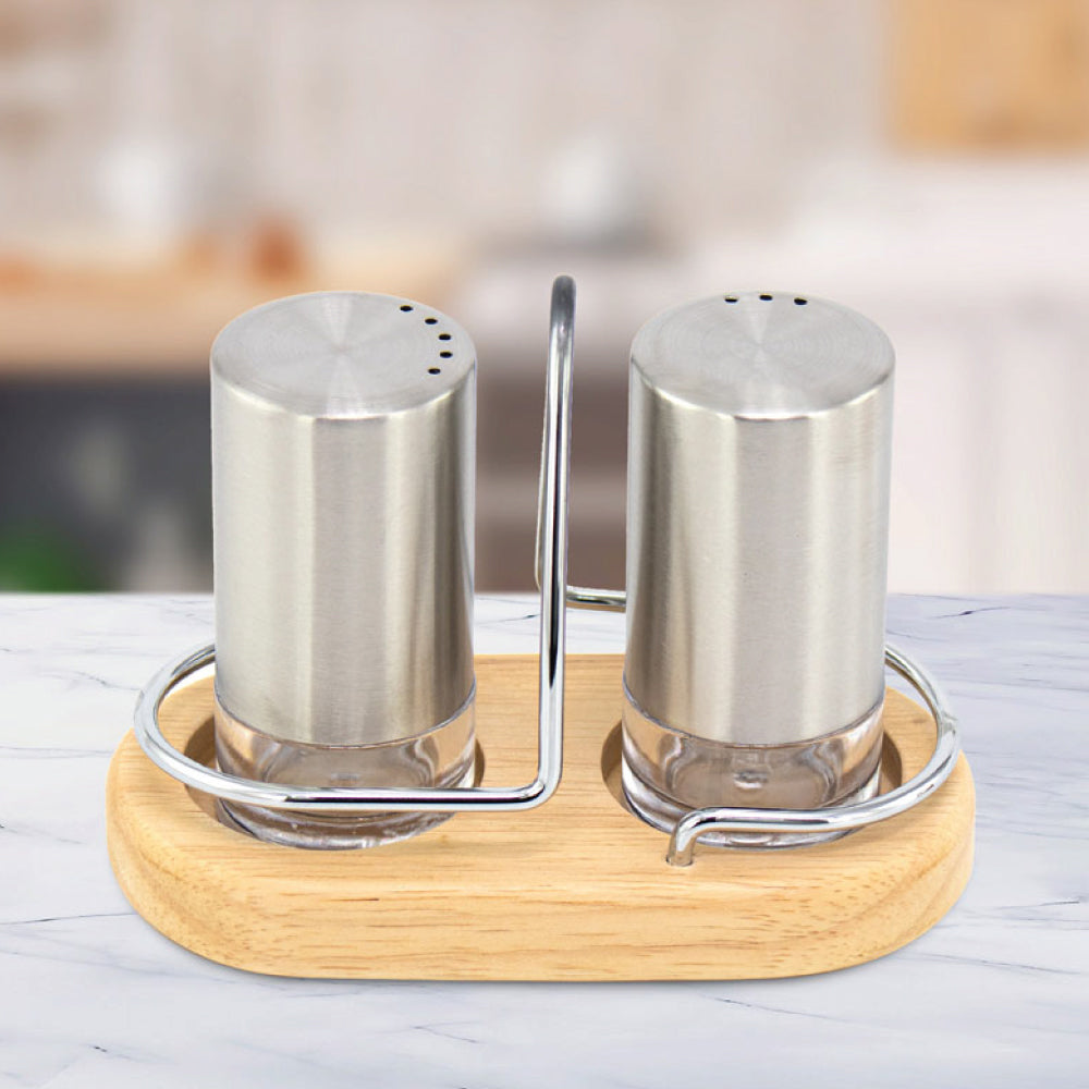 Salt & Pepper Shaker with Wooden Holder Cylindrical