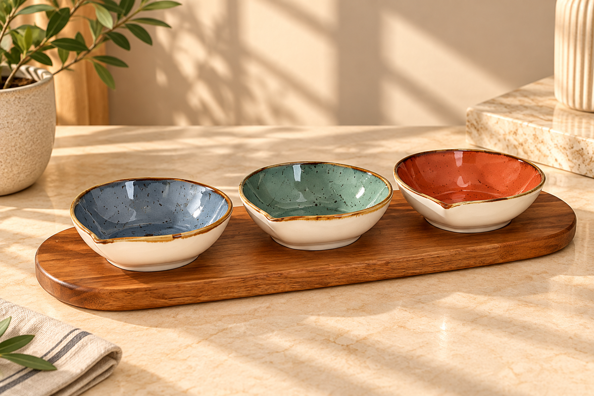 Acacia Wood Board With Sauce Bowls