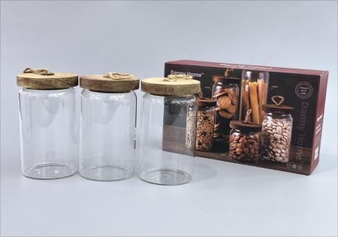 Acacia Wood Glass Storage Jar 3 pcs 750 ml