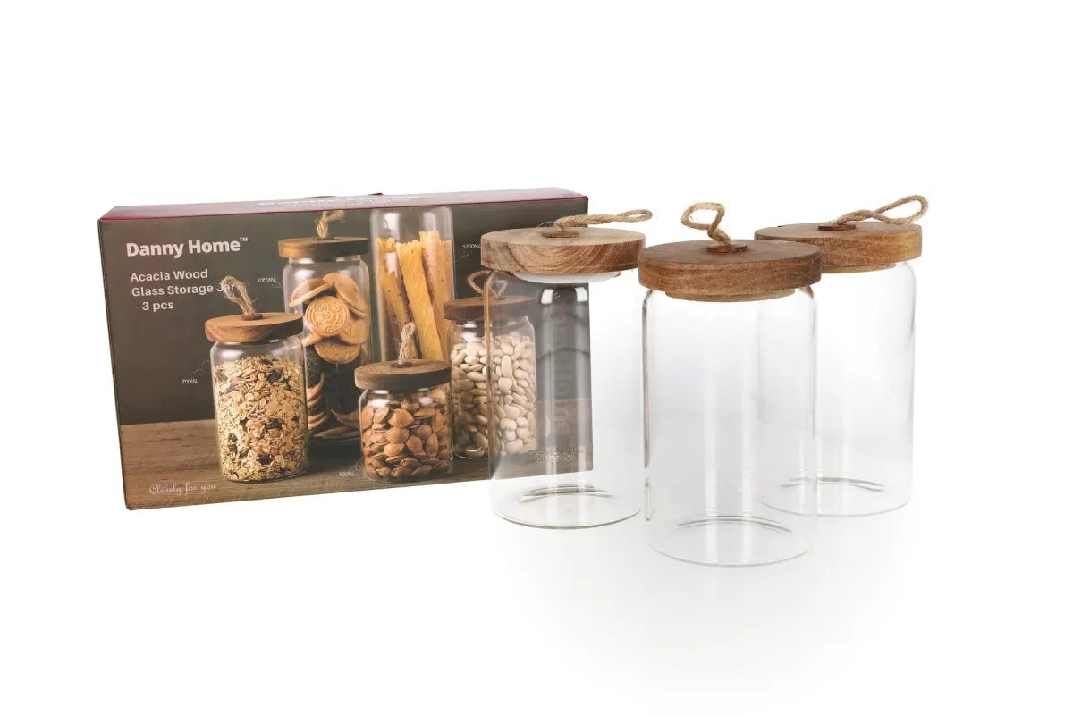 Acacia Wood Glass Storage Jar 3 pcs 750 ml